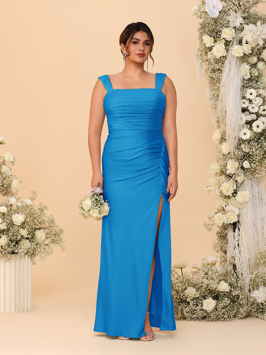 Sheath/Column Square Neck Sleeveless Floor-Length Ruched Plus Size Bridesmaid Dresses With Side Slit Ocean Blue