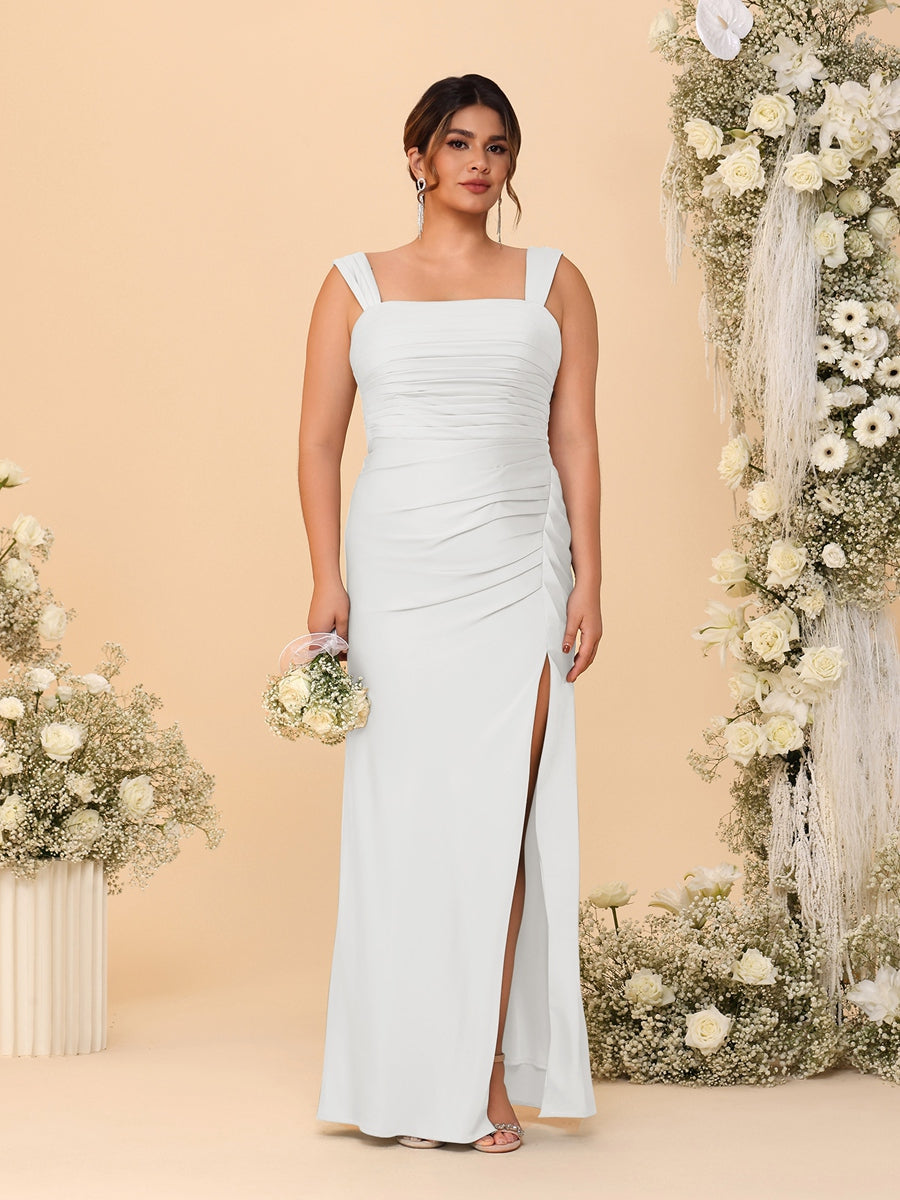 Sheath/Column Square Neck Sleeveless Floor-Length Ruched Plus Size Bridesmaid Dresses With Side Slit Off White
