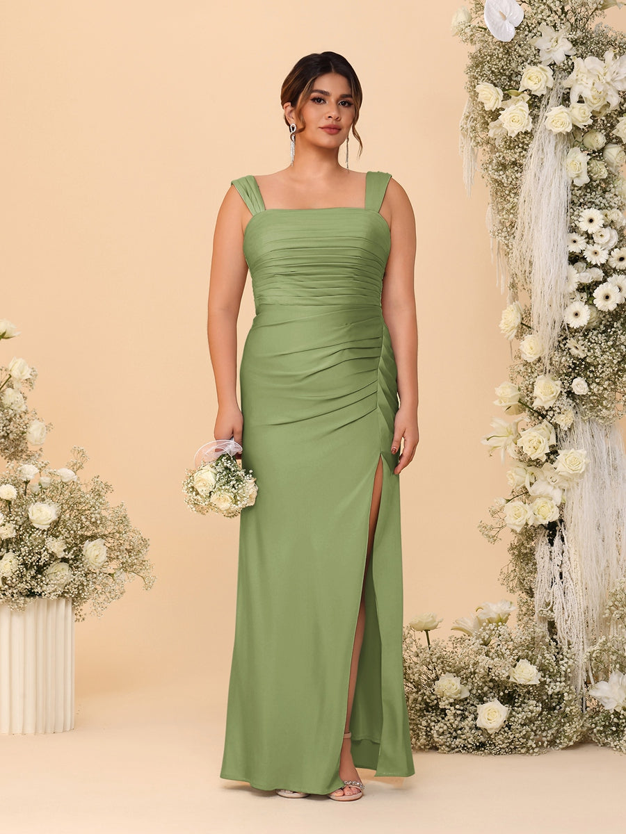 Sheath/Column Square Neck Sleeveless Floor-Length Ruched Plus Size Bridesmaid Dresses With Side Slit Olive Green