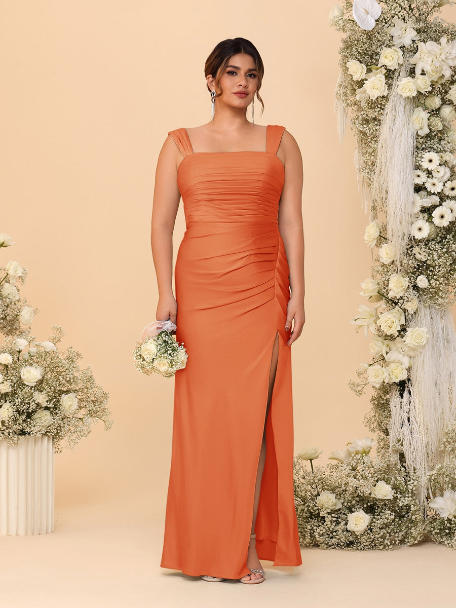 Sheath/Column Square Neck Sleeveless Floor-Length Ruched Plus Size Bridesmaid Dresses With Side Slit Orange