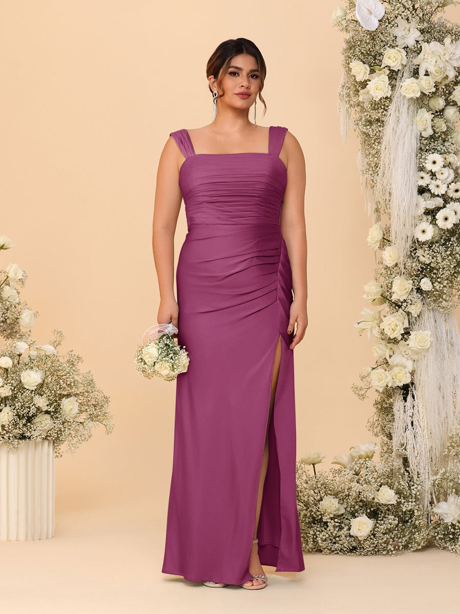 Sheath/Column Square Neck Sleeveless Floor-Length Ruched Plus Size Bridesmaid Dresses With Side Slit Orchid