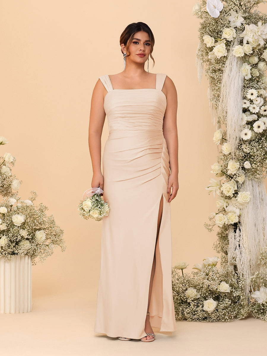 Sheath/Column Square Neck Sleeveless Floor-Length Ruched Plus Size Bridesmaid Dresses With Side Slit Peach Pink