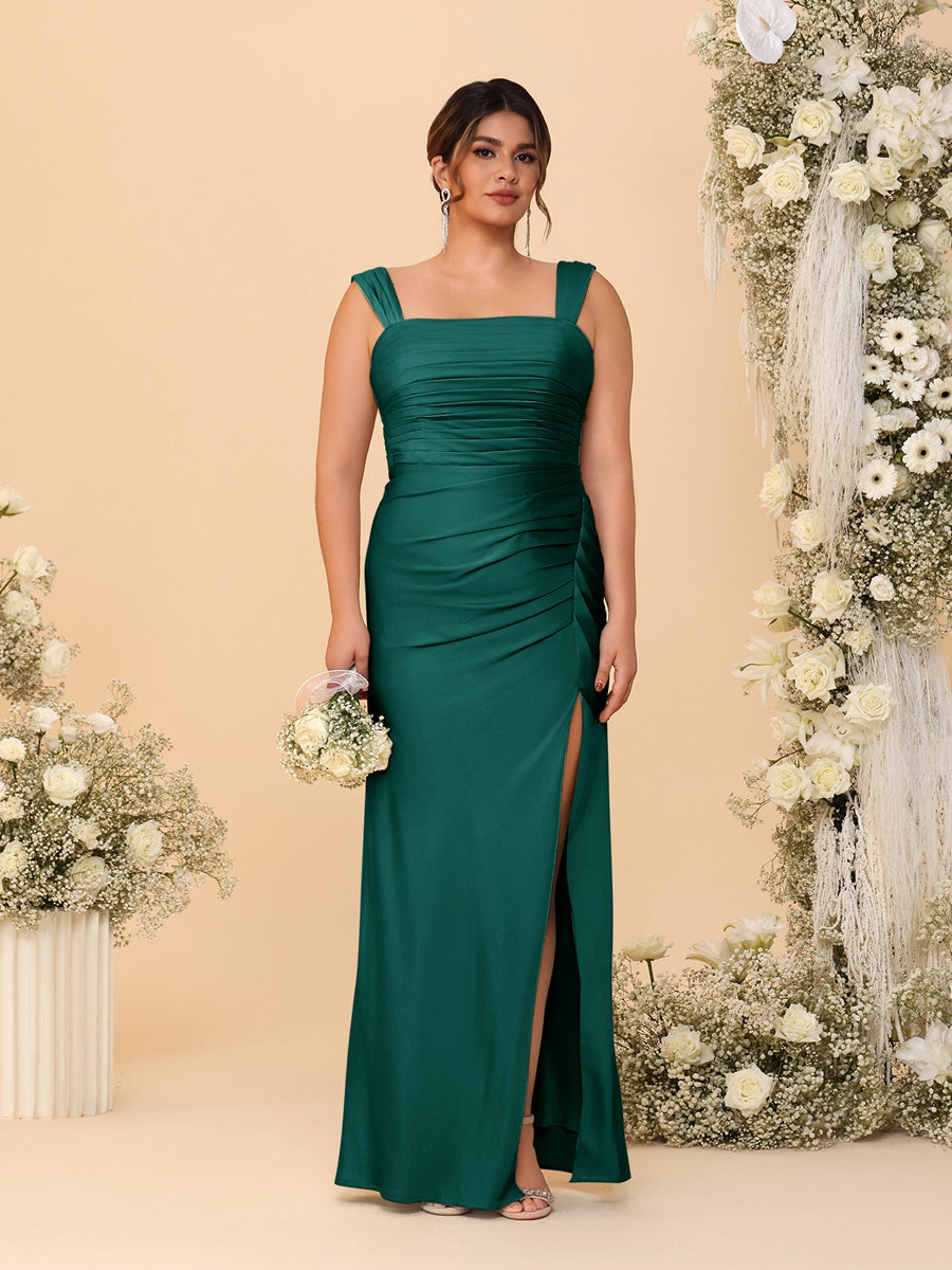 Sheath/Column Square Neck Sleeveless Floor-Length Ruched Plus Size Bridesmaid Dresses With Side Slit Peacock