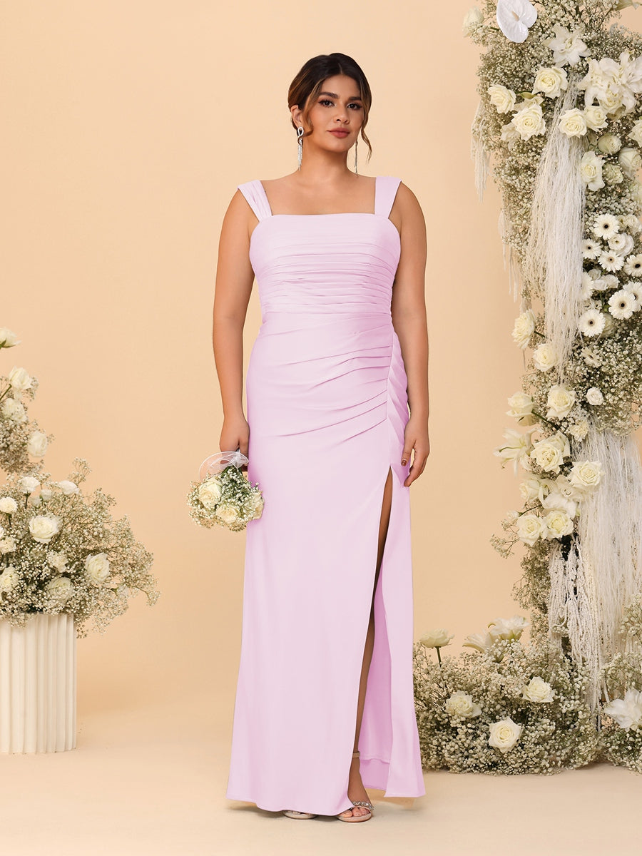 Sheath/Column Square Neck Sleeveless Floor-Length Ruched Plus Size Bridesmaid Dresses With Side Slit Pink