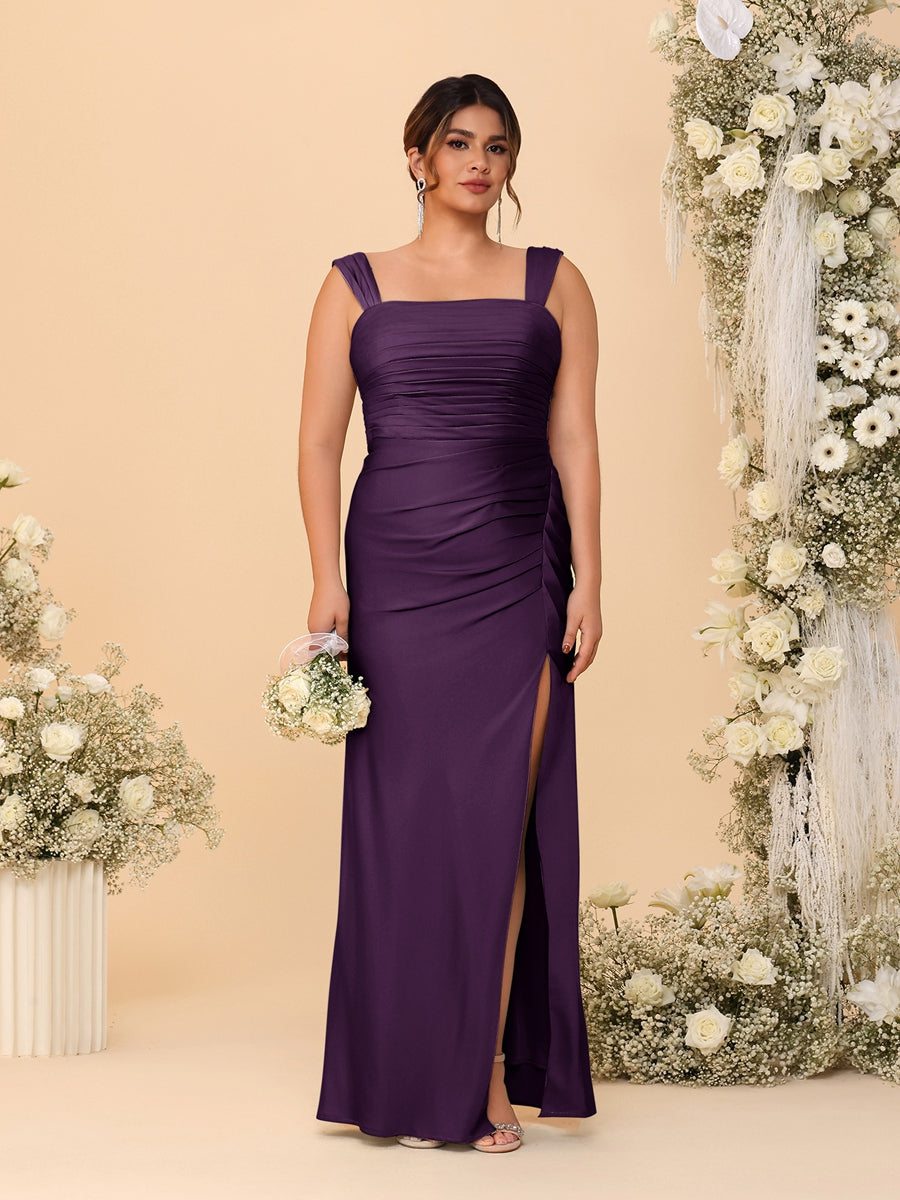 Sheath/Column Square Neck Sleeveless Floor-Length Ruched Plus Size Bridesmaid Dresses With Side Slit Plum