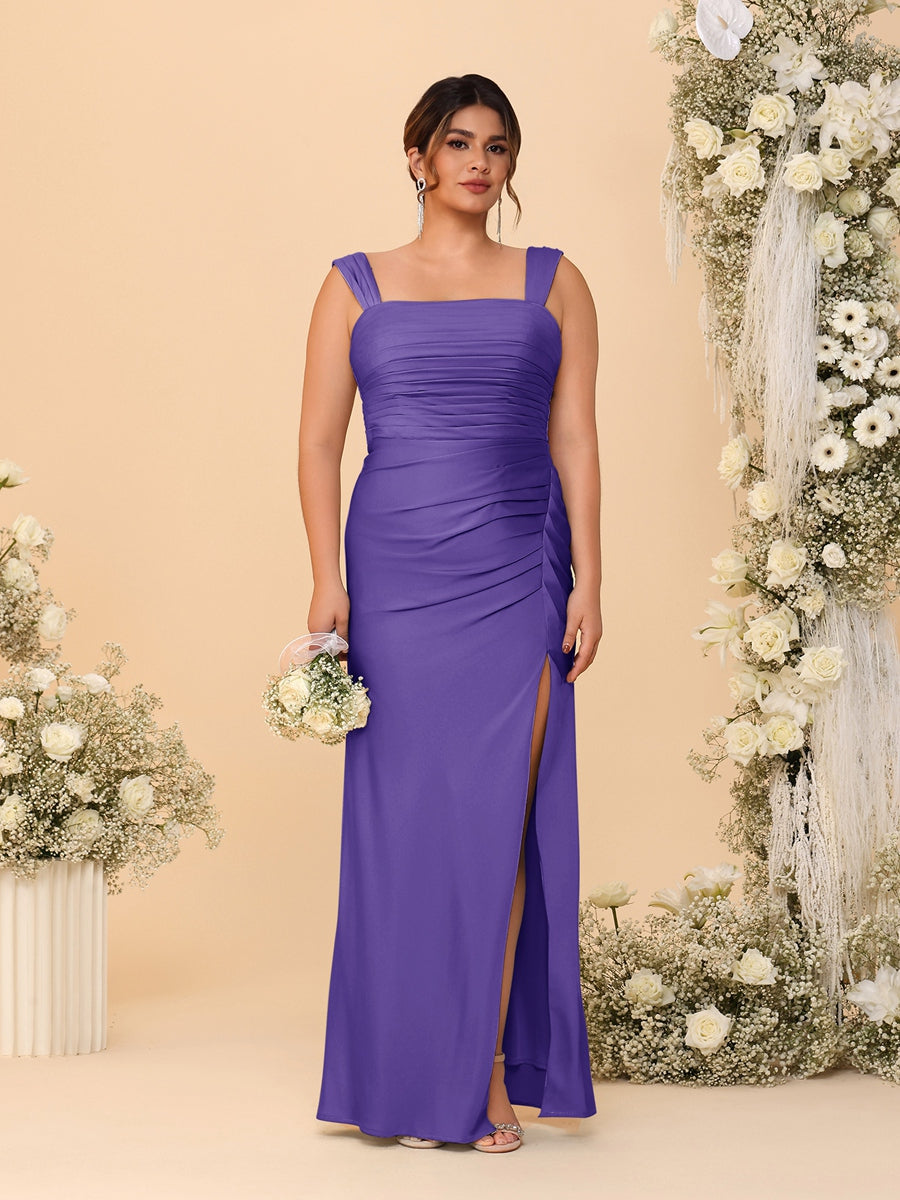 Sheath/Column Square Neck Sleeveless Floor-Length Ruched Plus Size Bridesmaid Dresses With Side Slit Purple
