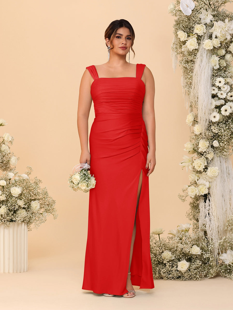 Sheath/Column Square Neck Sleeveless Floor-Length Ruched Plus Size Bridesmaid Dresses With Side Slit Red