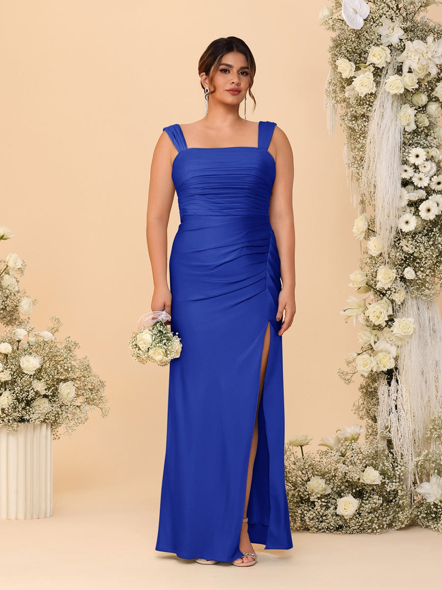 Sheath/Column Square Neck Sleeveless Floor-Length Ruched Plus Size Bridesmaid Dresses With Side Slit Royal Blue