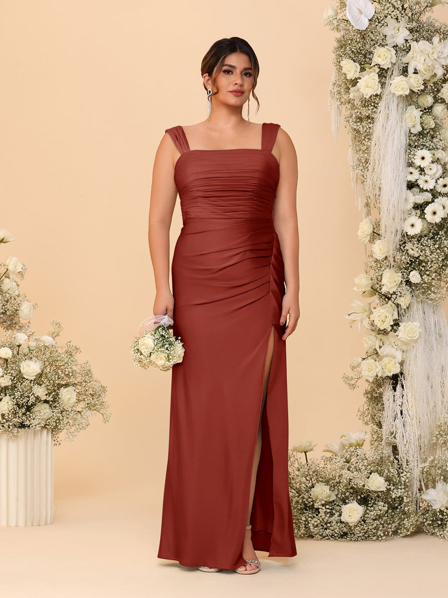 Sheath/Column Square Neck Sleeveless Floor-Length Ruched Plus Size Bridesmaid Dresses With Side Slit Rust