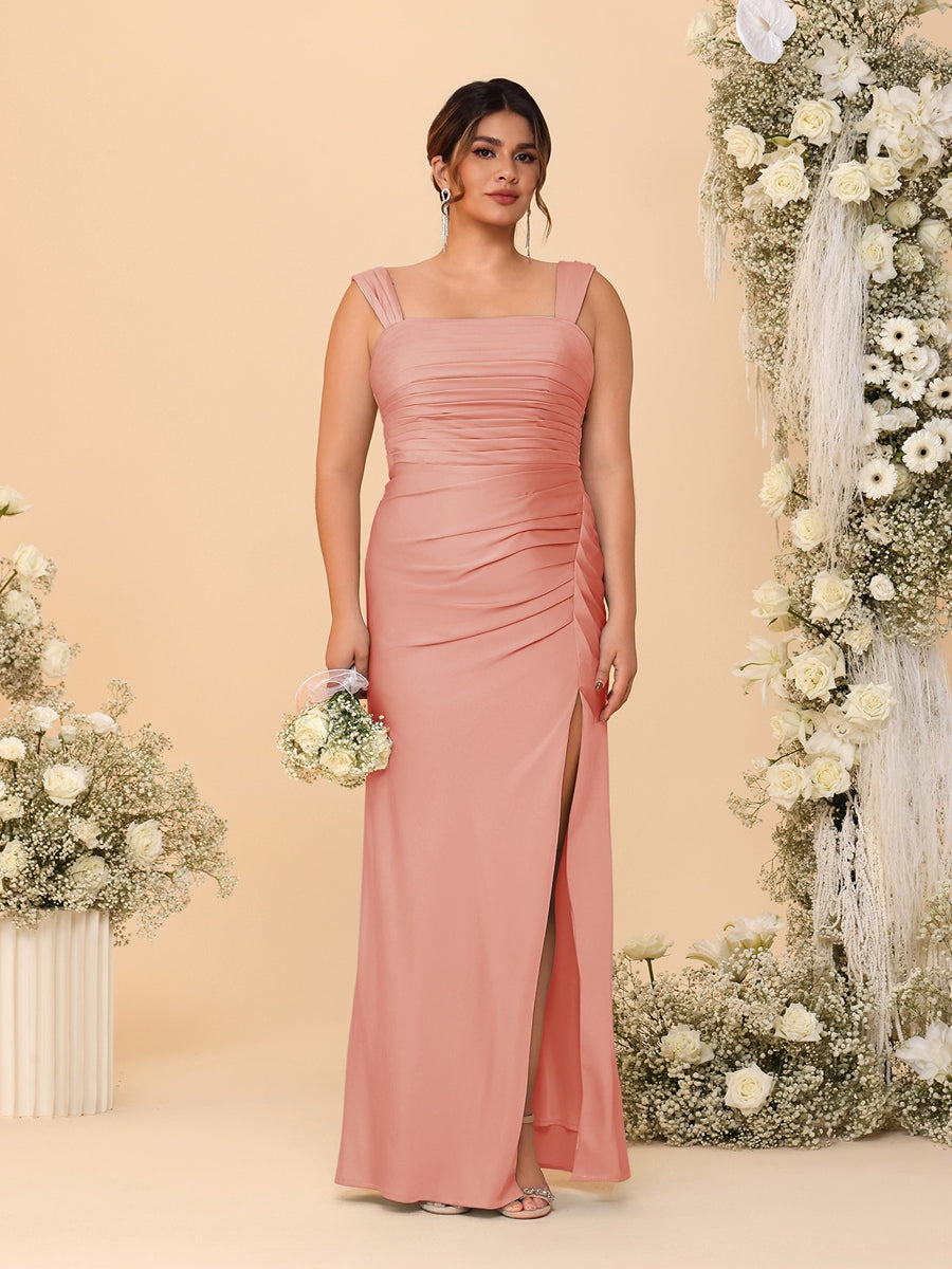 Sheath/Column Square Neck Sleeveless Floor-Length Ruched Plus Size Bridesmaid Dresses With Side Slit Salmon