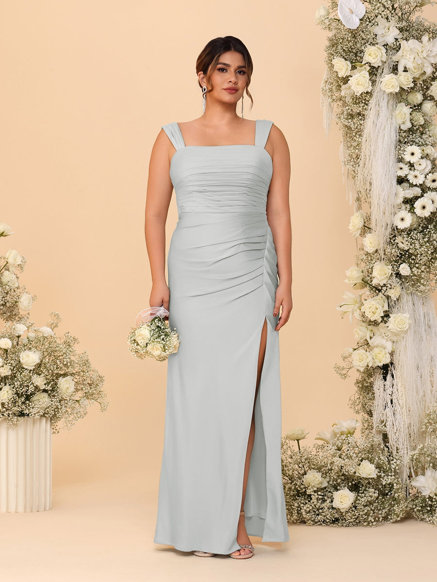 Sheath/Column Square Neck Sleeveless Floor-Length Ruched Plus Size Bridesmaid Dresses With Side Slit Silver