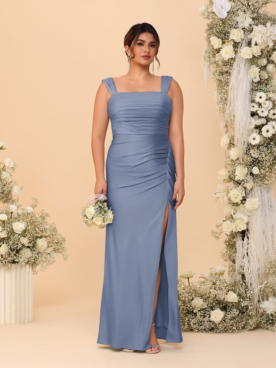 Sheath/Column Square Neck Sleeveless Floor-Length Ruched Plus Size Bridesmaid Dresses With Side Slit Steel Blue