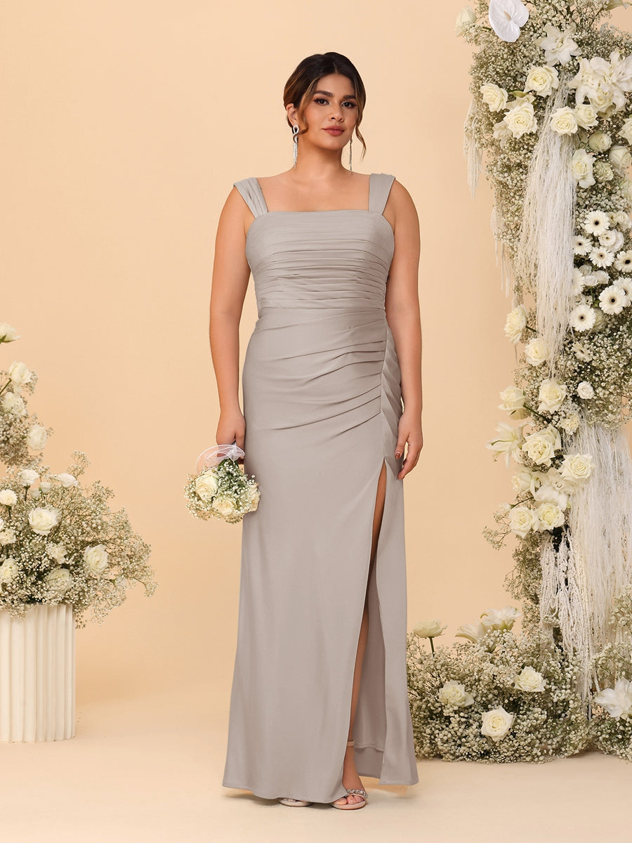 Sheath/Column Square Neck Sleeveless Floor-Length Ruched Plus Size Bridesmaid Dresses With Side Slit Taupe