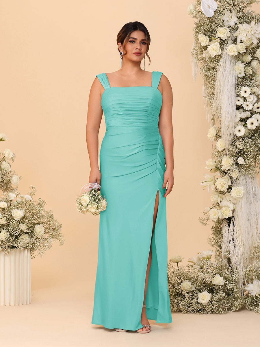 Sheath/Column Square Neck Sleeveless Floor-Length Ruched Plus Size Bridesmaid Dresses With Side Slit Turquoise
