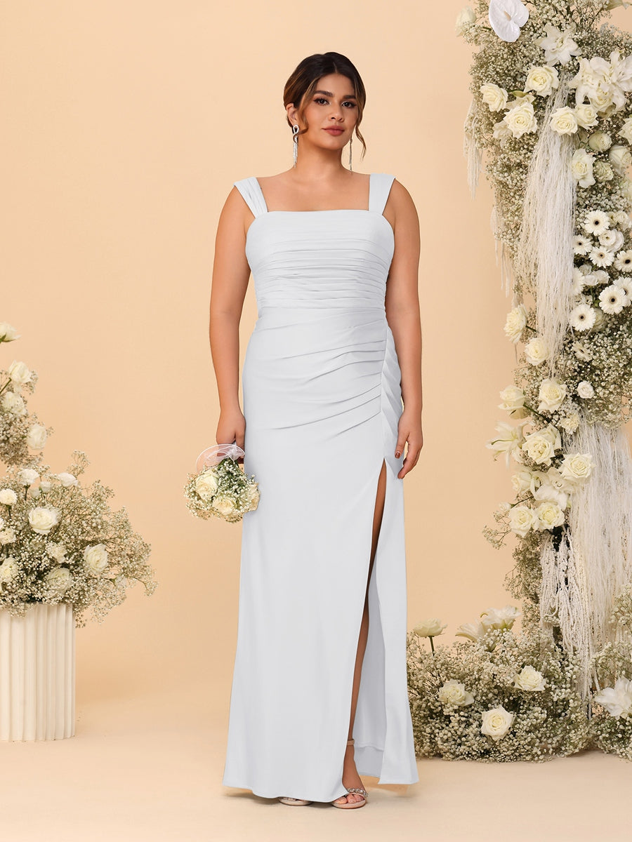 Sheath/Column Square Neck Sleeveless Floor-Length Ruched Plus Size Bridesmaid Dresses With Side Slit White