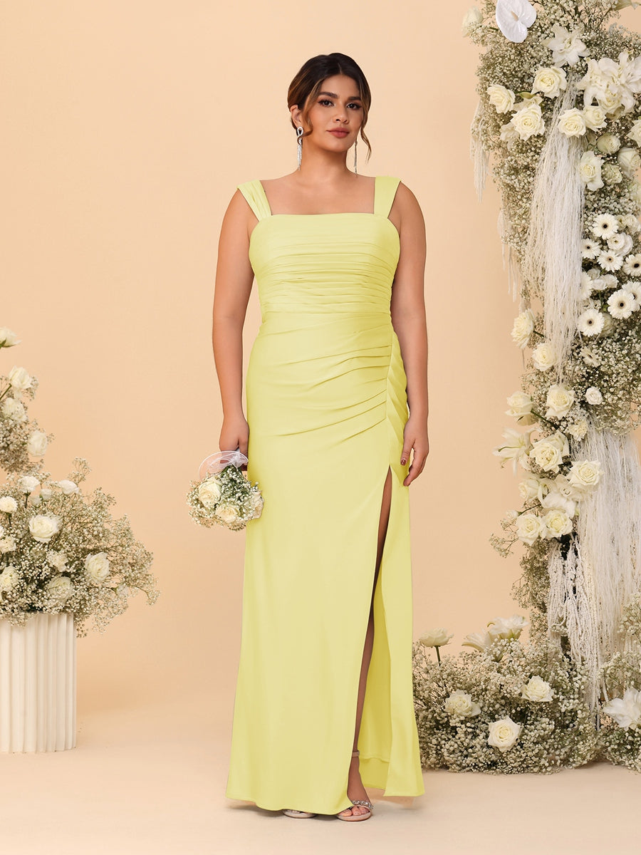 Sheath/Column Square Neck Sleeveless Floor-Length Ruched Plus Size Bridesmaid Dresses With Side Slit Yellow