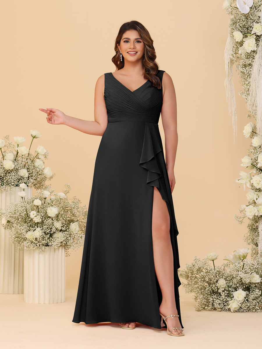A-Line/Princess V-Neck Sleeveless Ruched Chiffon Plus Size Bridesmaid Dresses With Side Slit & Ruffles Black