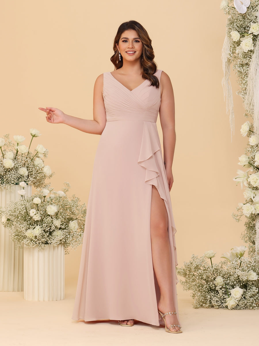 A-Line/Princess V-Neck Sleeveless Ruched Chiffon Plus Size Bridesmaid Dresses With Side Slit & Ruffles Blush Pink