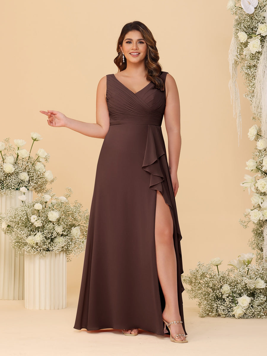 A-Line/Princess V-Neck Sleeveless Ruched Chiffon Plus Size Bridesmaid Dresses With Side Slit & Ruffles Brown
