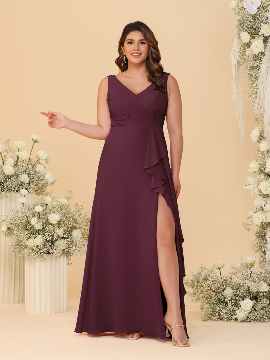A-Line/Princess V-Neck Sleeveless Ruched Chiffon Plus Size Bridesmaid Dresses With Side Slit & Ruffles Burgundy