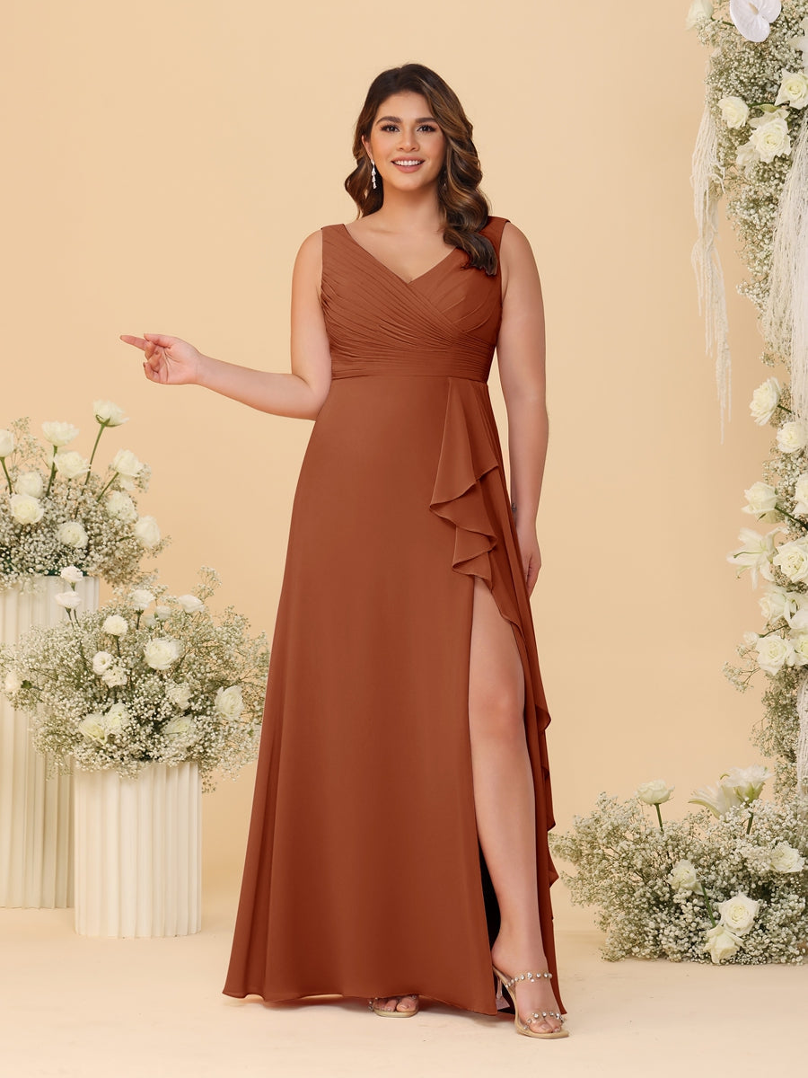 A-Line/Princess V-Neck Sleeveless Ruched Chiffon Plus Size Bridesmaid Dresses With Side Slit & Ruffles Burnt Orange