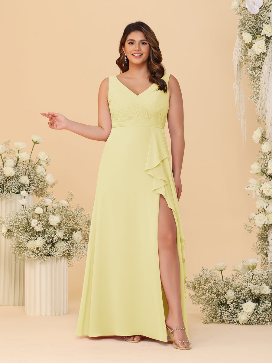 A-Line/Princess V-Neck Sleeveless Ruched Chiffon Plus Size Bridesmaid Dresses With Side Slit & Ruffles Canary