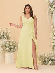 A-Line/Princess V-Neck Sleeveless Ruched Chiffon Plus Size Bridesmaid Dresses With Side Slit & Ruffles Canary