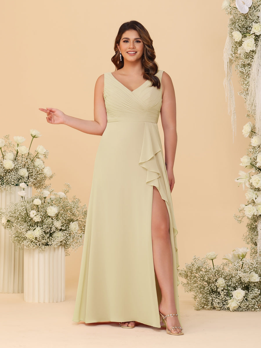 A-Line/Princess V-Neck Sleeveless Ruched Chiffon Plus Size Bridesmaid Dresses With Side Slit & Ruffles Champagne