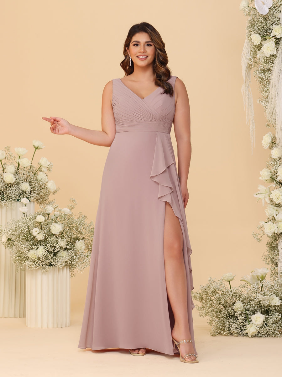 A-Line/Princess V-Neck Sleeveless Ruched Chiffon Plus Size Bridesmaid Dresses With Side Slit & Ruffles Dusty Pink