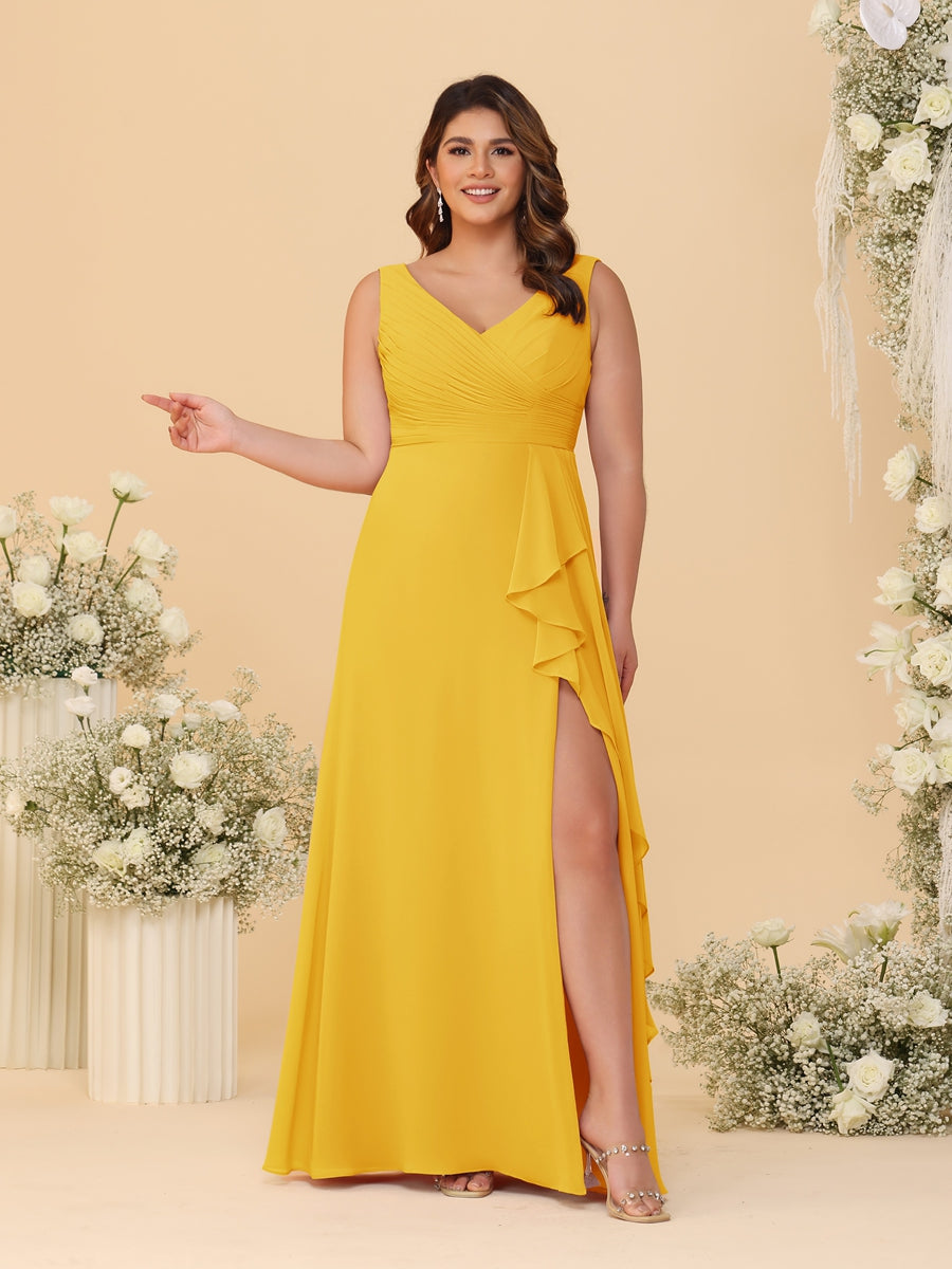 A-Line/Princess V-Neck Sleeveless Ruched Chiffon Plus Size Bridesmaid Dresses With Side Slit & Ruffles Gold
