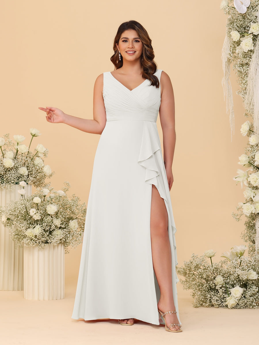 A-Line/Princess V-Neck Sleeveless Ruched Chiffon Plus Size Bridesmaid Dresses With Side Slit & Ruffles Ivory