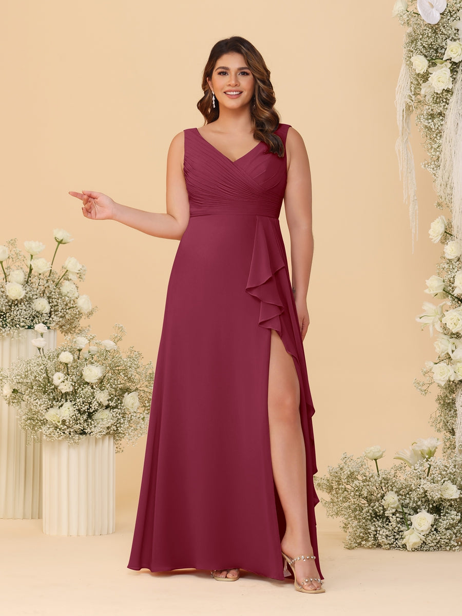 A-Line/Princess V-Neck Sleeveless Ruched Chiffon Plus Size Bridesmaid Dresses With Side Slit & Ruffles Light Burgundy
