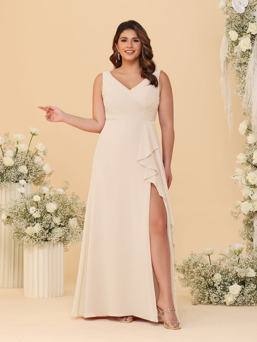 A-Line/Princess V-Neck Sleeveless Ruched Chiffon Plus Size Bridesmaid Dresses With Side Slit & Ruffles Light Champagne