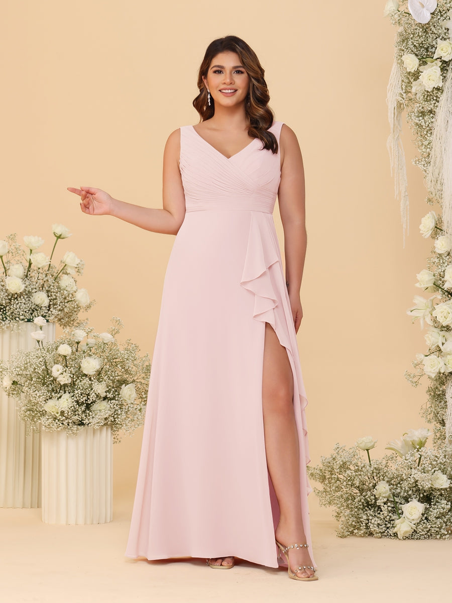 A-Line/Princess V-Neck Sleeveless Ruched Chiffon Plus Size Bridesmaid Dresses With Side Slit & Ruffles Light Pink