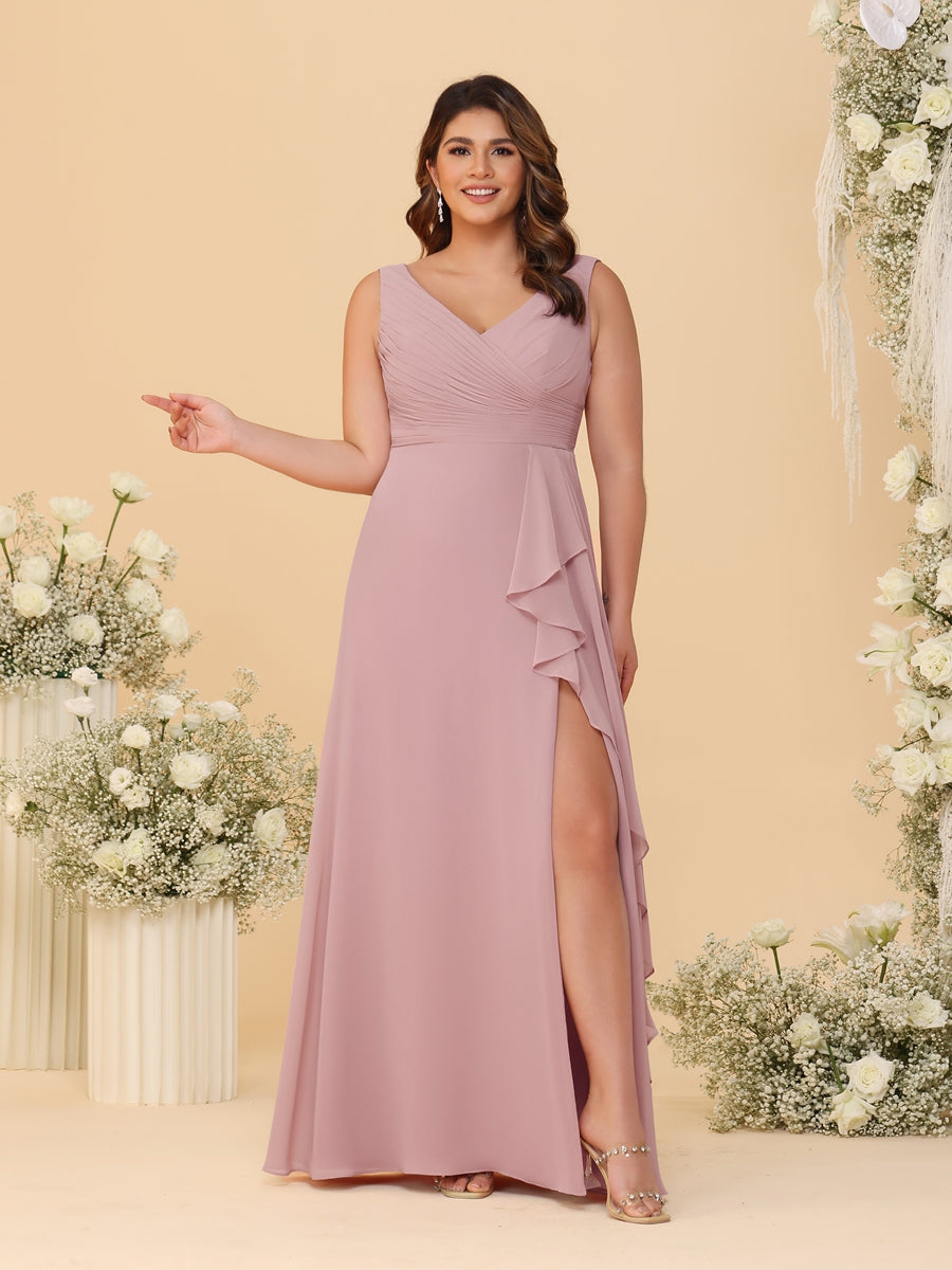 A-Line/Princess V-Neck Sleeveless Ruched Chiffon Plus Size Bridesmaid Dresses With Side Slit & Ruffles Mauve