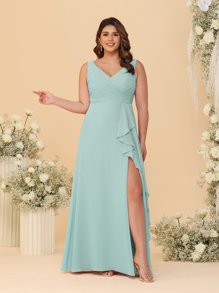 A-Line/Princess V-Neck Sleeveless Ruched Chiffon Plus Size Bridesmaid Dresses With Side Slit & Ruffles Mist Blue