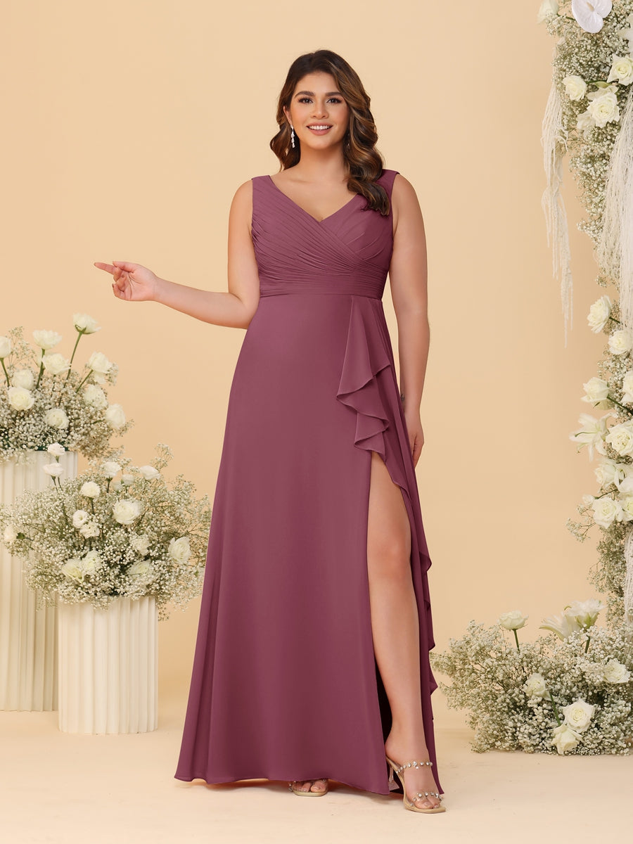 A-Line/Princess V-Neck Sleeveless Ruched Chiffon Plus Size Bridesmaid Dresses With Side Slit & Ruffles Mulberry