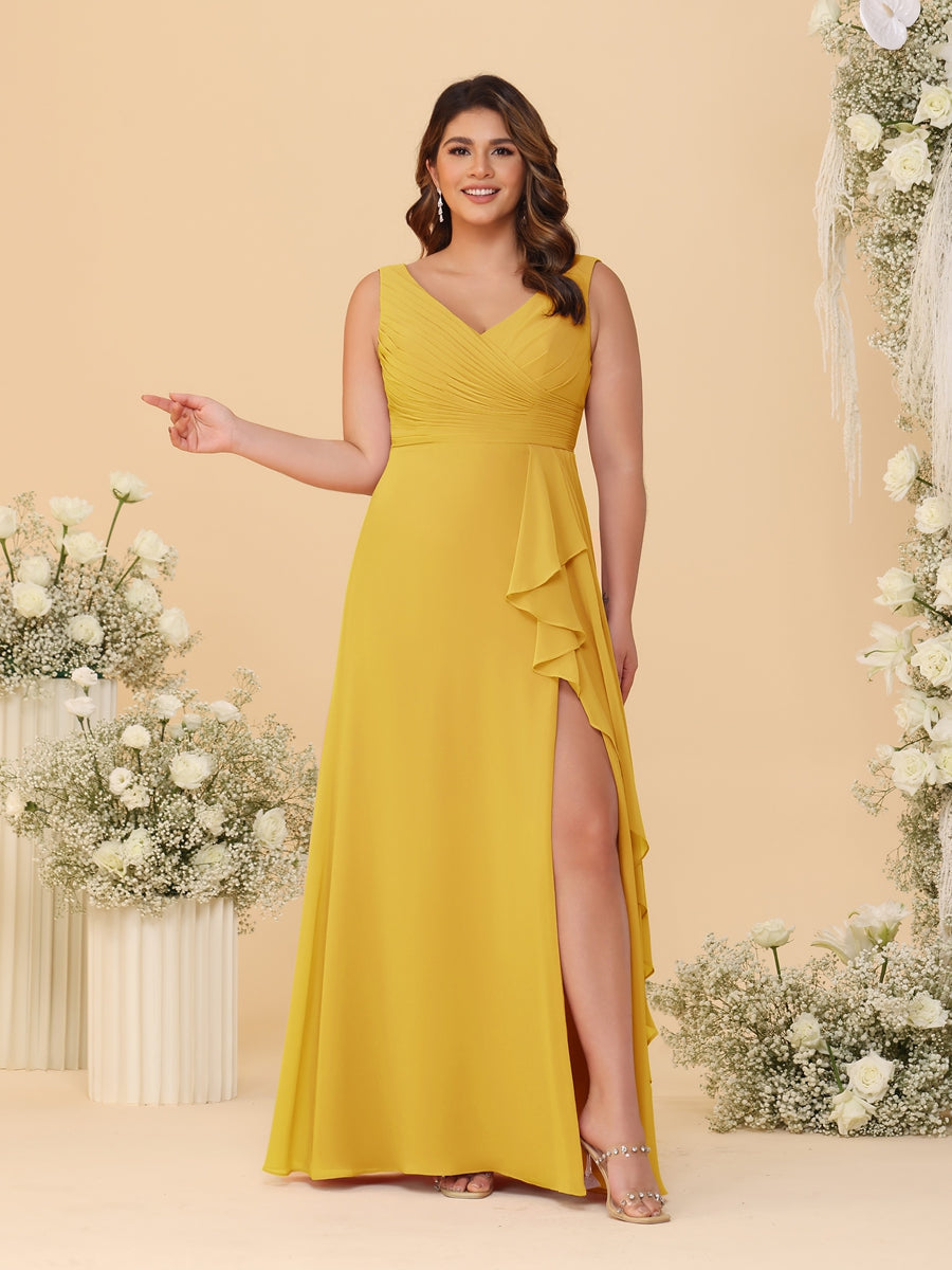 A-Line/Princess V-Neck Sleeveless Ruched Chiffon Plus Size Bridesmaid Dresses With Side Slit & Ruffles Mustard Yellow
