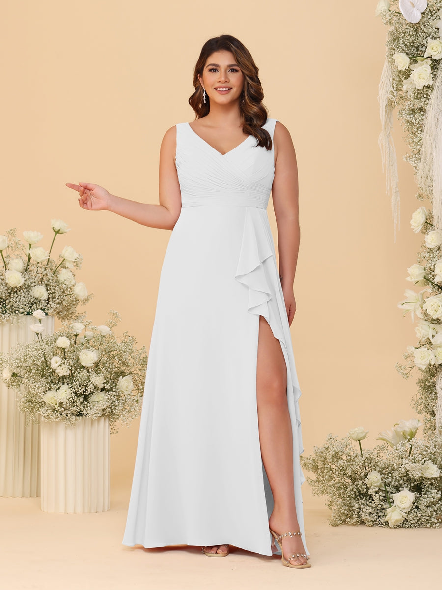 A-Line/Princess V-Neck Sleeveless Ruched Chiffon Plus Size Bridesmaid Dresses With Side Slit & Ruffles Off White