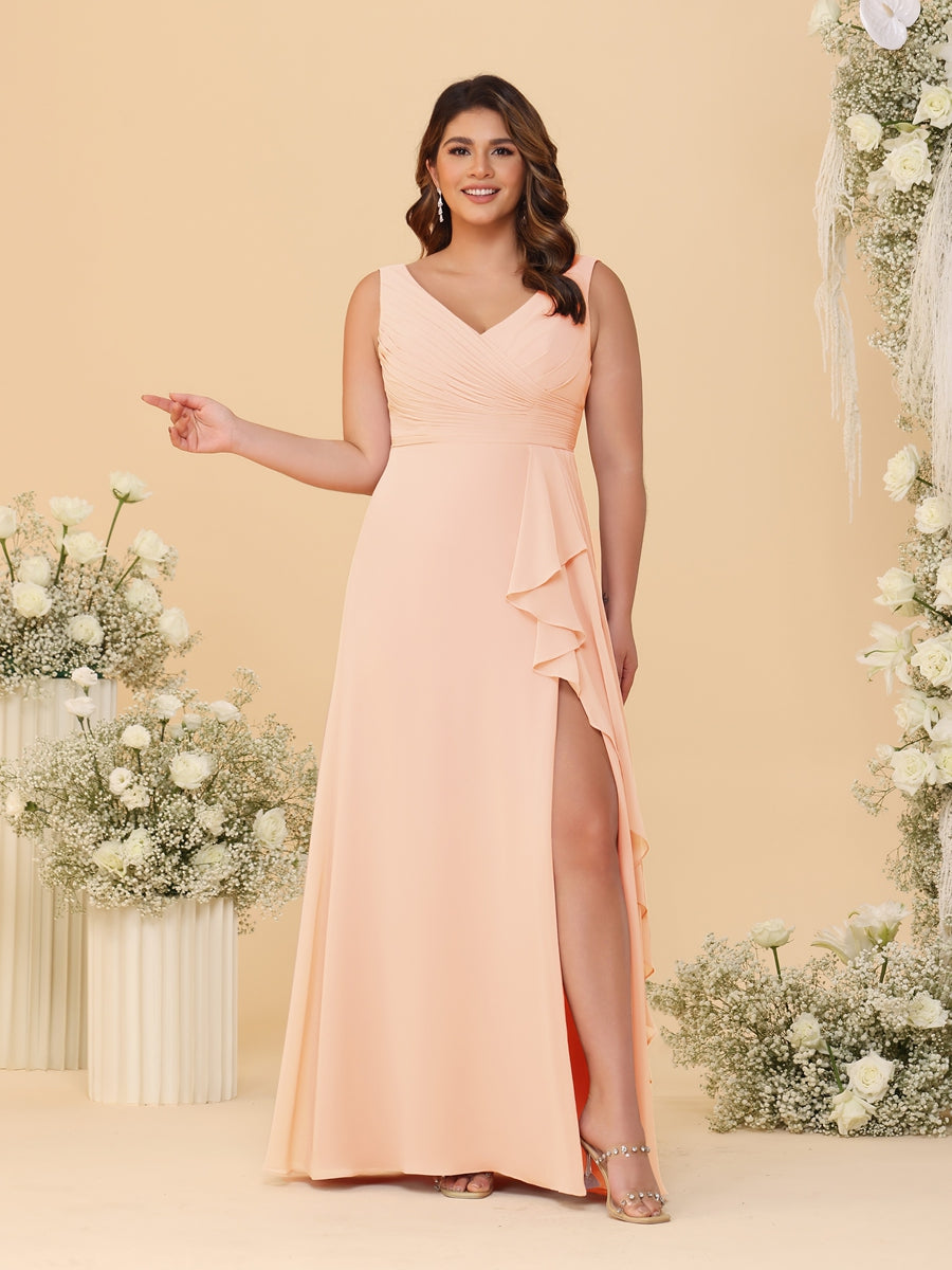 A-Line/Princess V-Neck Sleeveless Ruched Chiffon Plus Size Bridesmaid Dresses With Side Slit & Ruffles Peach Pink