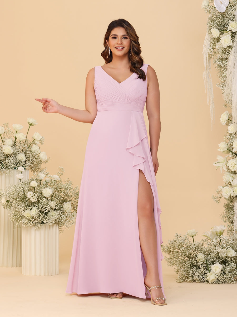 A-Line/Princess V-Neck Sleeveless Ruched Chiffon Plus Size Bridesmaid Dresses With Side Slit & Ruffles Pink