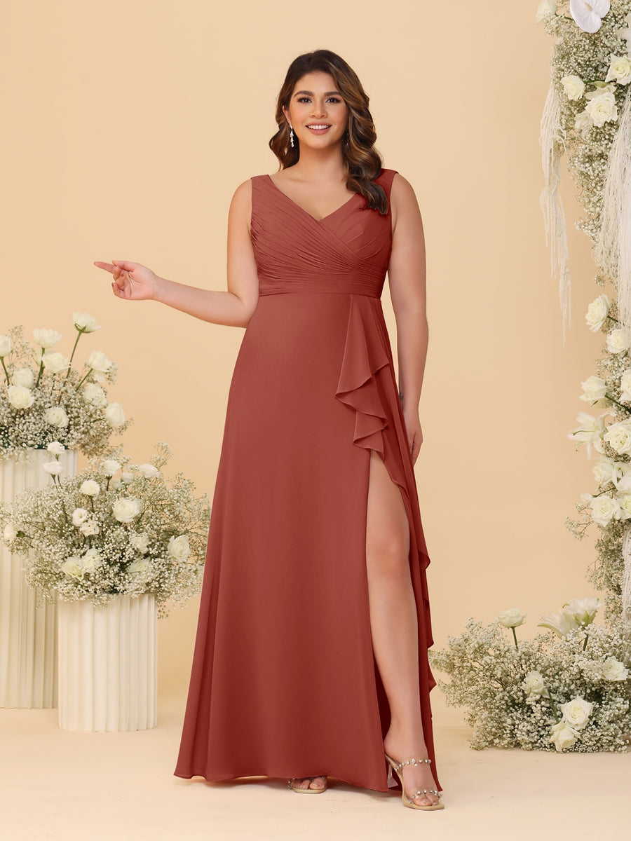 A-Line/Princess V-Neck Sleeveless Ruched Chiffon Plus Size Bridesmaid Dresses With Side Slit & Ruffles Rust