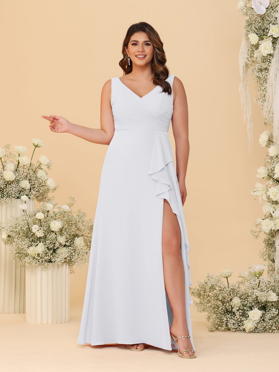 A-Line/Princess V-Neck Sleeveless Ruched Chiffon Plus Size Bridesmaid Dresses With Side Slit & Ruffles White