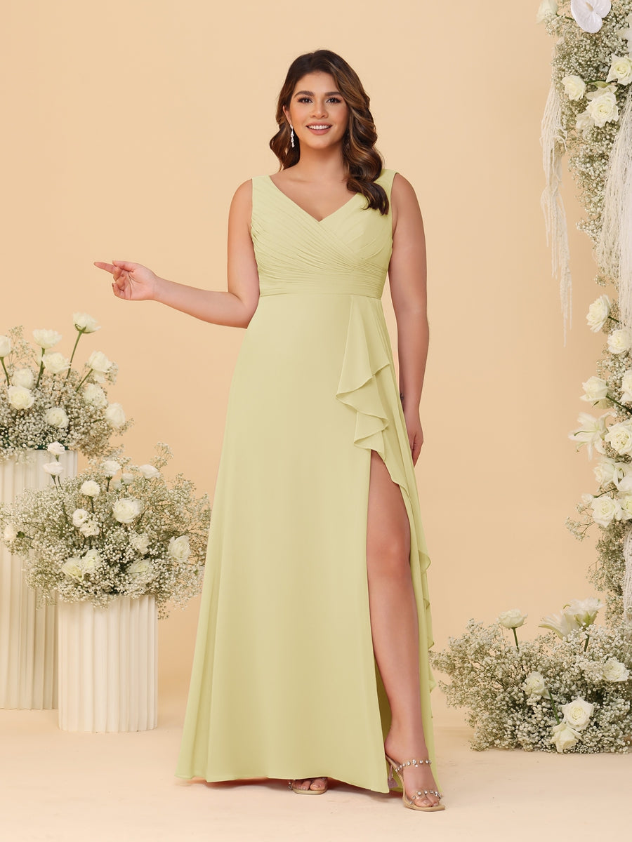 A-Line/Princess V-Neck Sleeveless Ruched Chiffon Plus Size Bridesmaid Dresses With Side Slit & Ruffles Yellow