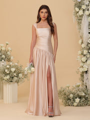 A-Line/Princess Off-the-Shoulder Ruched Long Bridesmaid Dresses With Side Slit & Pleats