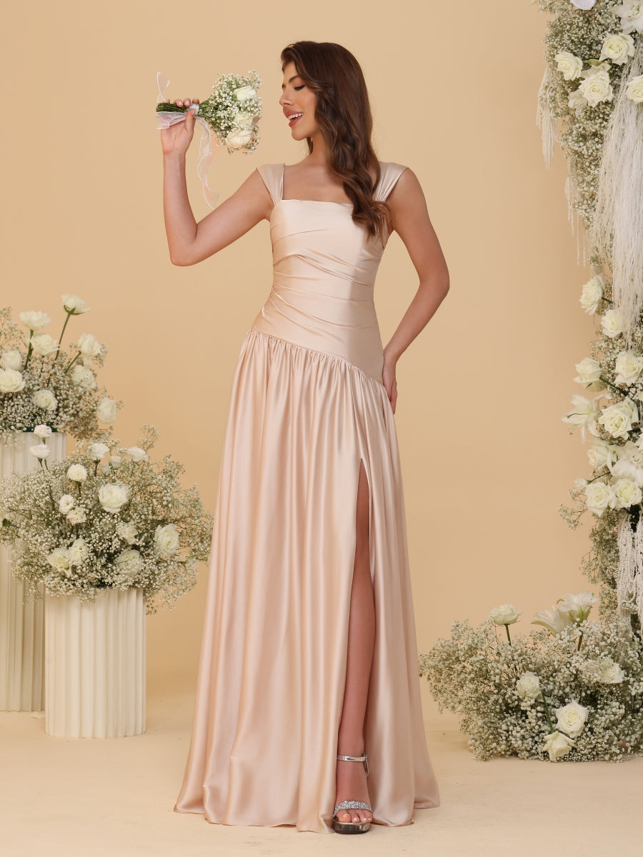 A-Line/Princess Off-the-Shoulder Ruched Long Bridesmaid Dresses With Side Slit & Pleats
