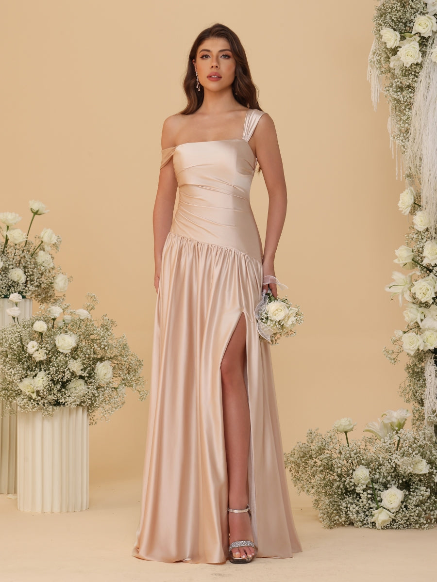 A-Line/Princess Off-the-Shoulder Ruched Long Bridesmaid Dresses With Side Slit & Pleats