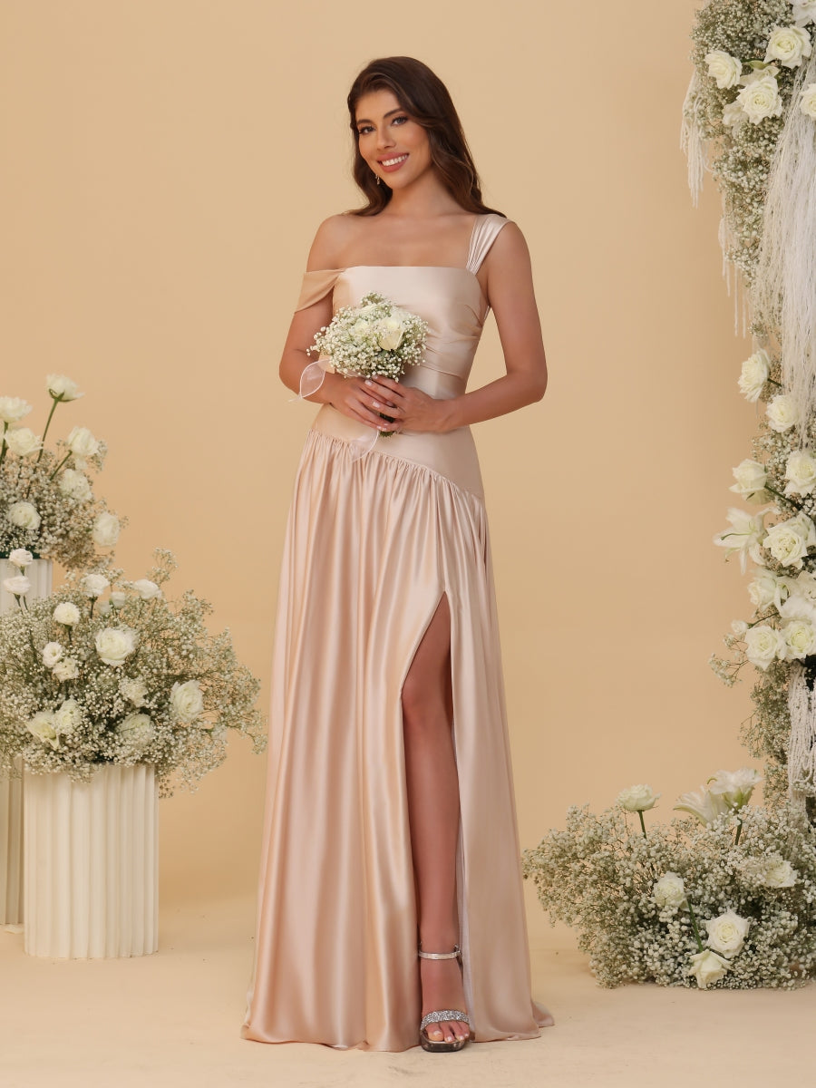 A-Line/Princess Off-the-Shoulder Ruched Long Bridesmaid Dresses With Side Slit & Pleats