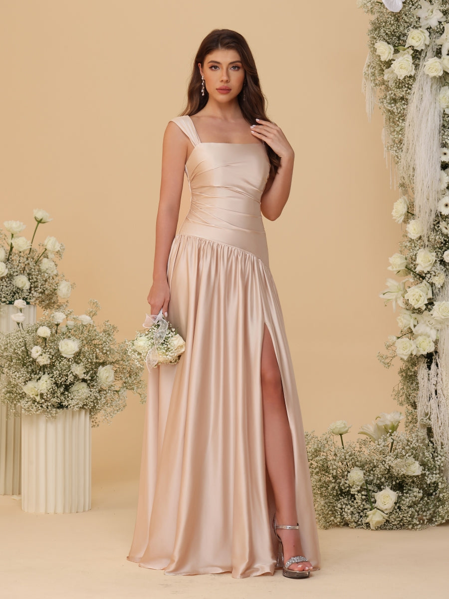 A-Line/Princess Off-the-Shoulder Ruched Long Bridesmaid Dresses With Side Slit & Pleats