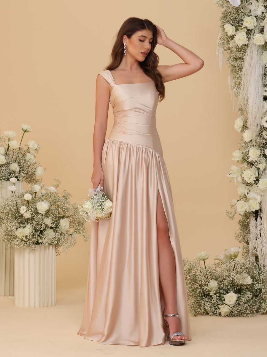 A-Line/Princess Off-the-Shoulder Ruched Long Bridesmaid Dresses With Side Slit & Pleats